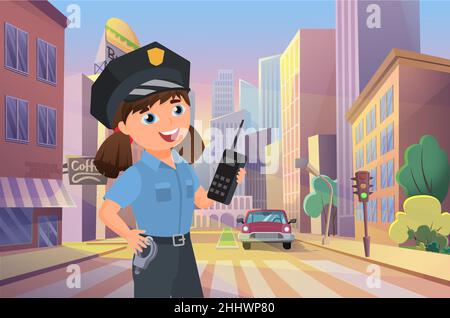 Police officer happy girl working on city street vector illustration. Cartoon kid policeman character managing road car traffic, standing on crosswalk Stock Vector