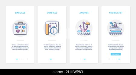 Summer travel objects for traveler vector illustration. UI, UX onboarding mobile app page screen set with line luggage suitcase, compass ship anchor i Stock Vector