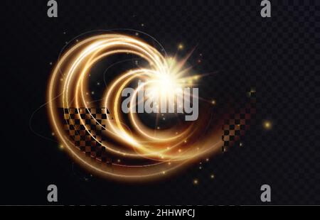 Golden luminous swirl shape, abstract light effect vector illustration. Luxury sparkling neon trail of flying stars, shiny magic swirling gold spirals Stock Vector