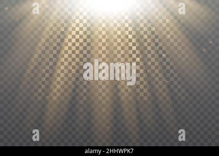 Golden sun shine, light effect vector illustration. Brigh yellow gold glory sunshine of sunbeams shining in radial flare, magic warm glimmer, energy e Stock Vector
