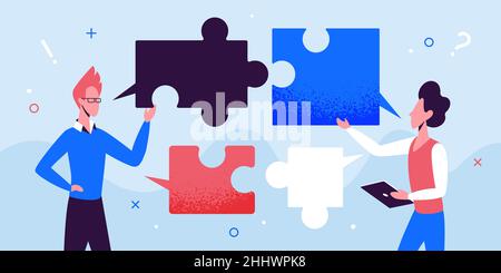 Business people team communication concept vector illustration. Cartoon businessman group of characters talking, working with dialogue puzzle bubble, Stock Vector