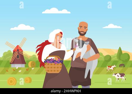 Medieval farmers and green farm field landscape vector illustration. Cartoon happy peasants family or man woman couple characters standing together, h Stock Vector