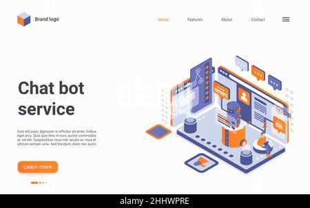 Chat bot concept isometric vector illustration. Cartoon 3d online service for communicating with customers users in messenger, chatting to solve probl Stock Vector