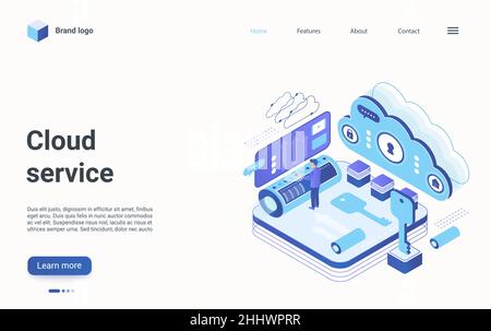 Cloud data tech service isometric vector illustration. Cartoon technician engineer character standing in server datacenter room, repair or work with d Stock Vector