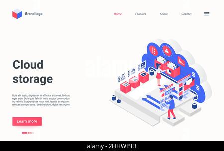 Cloud data storage service concept isometric vector illustration. Cartoon 3d people transfer documents, multimedia files and music, using remote media Stock Vector