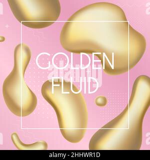 Gold liquid splash abstract shapes and luminous drops, 3d yellow shiny metal fluid drop bubble shaped elements with golden melt surface, glossy glitte Stock Vector
