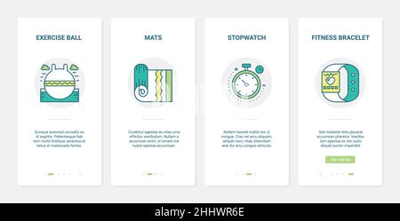 Sport equipment vector illustration. UX, UI onboarding mobile app page screen set with line yoga mat in gym, fitness sports exercise ball, fitness bra Stock Vector
