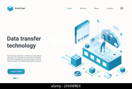 Data transfer, management internet technology isometric vector illustration. Cartoon 3d user character uploading digital documents, download and manag Stock Vector
