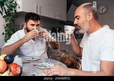 Gay couple enjoys drinking a cup of coffee in the kitchen at home with their dogs. Stock Photo