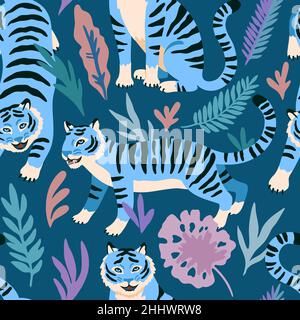 Seamless pattern with cute cartoon tigers and doodle tropical leaves.  Stock Vector