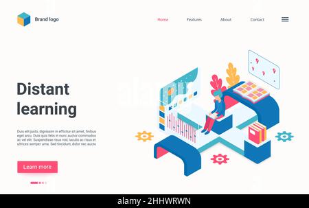 Distance learning technology isometric vector illustration. Cartoon 3d online webinar or virtual lesson lecture with student, digital tutorial knowled Stock Vector