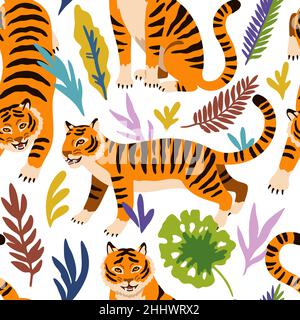 Seamless pattern with cute cartoon tigers and doodle tropical leaves.  Stock Vector