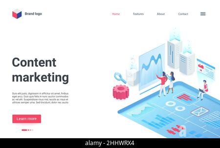 Content digital marketing research isometric vector illustration. Cartoon 3d marketer people in business analysis, development content strategy and ma Stock Vector