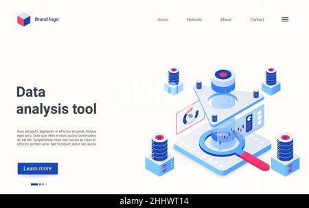 Data analysis equipment tools isometric vector illustration. Cartoon 3d abstract machine analyzing report of data information, business automation of Stock Vector