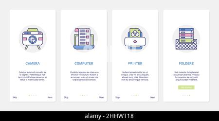 Digital electronic device for office work, paper document management equipment vector illustration. UI, UX onboarding mobile app page screen set with Stock Vector