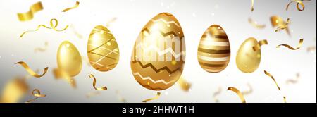 Happy Easter poster with golden eggs with patterns and spiral ribbons. Vector banner of spring holiday celebration with realistic illustration of 3d luxury gold eggs and confetti Stock Vector