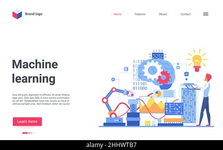 Machine ai learning vector illustration. Cartoon specialist engineer character with laptop teaching artificial intelligence, robot mind on neural netw Stock Vector