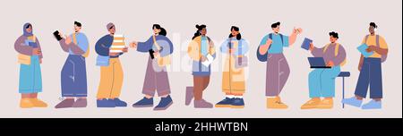 Group of multiracial people, students of school, college or university. Vector flat illustration of international teenagers with backpacks, bags, books and phone Stock Vector