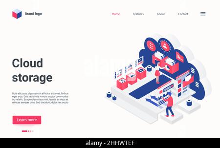 Cloud storage concept isometric vector illustration. Cartoon 3d user people upload digital media files content, storing folders on provider hosting da Stock Vector