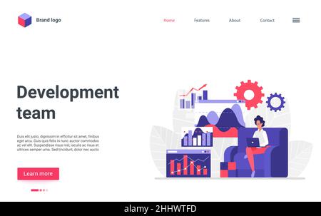 Development people team working vector illustration. Cartoon developer employee worker character sitting with laptop, analyzing business presentation, Stock Vector