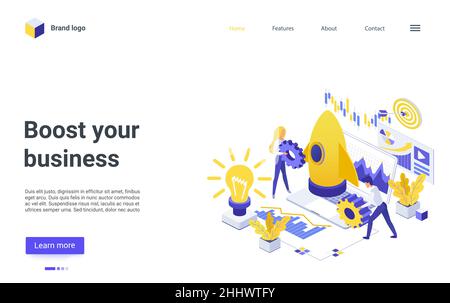 Boost your business concept isometric vector illustration. Cartoon businessman character team launching speed rocket ship to discovery new opportuniti Stock Vector