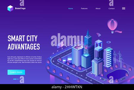 Smart city advantage isometric vector illustration. Cartoon 3d cityscape infrastructure of futuristic technology with skyscrapers buildings, modern di Stock Vector