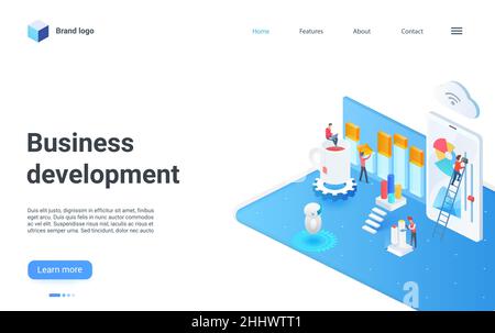 Business development concept isometric vector illustration. Cartoon businessman developer character team working on analytics, teamwork on digital dat Stock Vector
