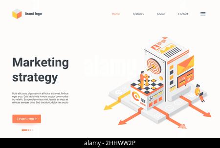 Marketing strategy isometric vector illustration. Cartoon 3d marketer leader or employee character standing on chess board, businessman solving financ Stock Vector