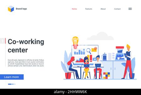 Co working space, people work in office workplace vector illustration. Cartoon employee characters meeting, working with laptops in coworking center w Stock Vector