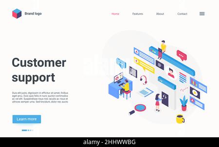 Customer support hotline center concept isometric vector illustration. Cartoon 3d online helpdesk service with agent operator people wearing headsets Stock Vector