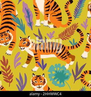 Seamless pattern with cute cartoon tigers and doodle tropical leaves.  Stock Vector