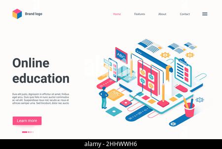 Online distance education technology isometric vector illustration. Cartoon 3d web learning, connect to webinar tutorial or workshop lessons with stud Stock Vector