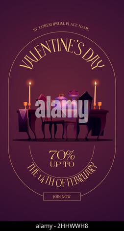 Valentines day poster with sale special offer. Vector flyer of romantic dinner for couple on date. Cartoon illustration of restaurant interior with dining table, chairs, candles Stock Vector