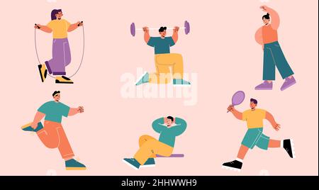 People exercise, sportsmen and sportswomen characters in gym jump with rope, workout with barbel, doing gymnastics, jogging, pumping press and playing tennis, Line art flat vector illustration, set Stock Vector
