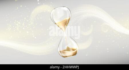 Background with sand hourglass, glass timer with falling golden grains. Vector poster with realistic transparent sand clock and waves of shiny particles. Running time concept Stock Vector