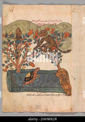 "The Monkey Escapes to the Safety of the Fig Tree", Folio from a Kalila wa Dimna second quarter 16th century This manuscript contains seventy-eight paintings and many text folios telling the famous tales of the jackals Kalila and Dimna. Based on the book of ancient Indian animal fables, the Panchatantra written by Vidyapati (Bidpai), the stories spread all over the Middle East where they became wildly popular. This manuscript has a strong flavor of Mamluk Egypt in the figure styles and bold drawings, with hints of Ottoman tulips and Safavid turbans. However, the burnt orange palette and darkly Stock Photo