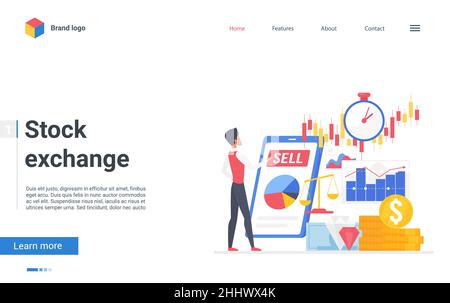 Stock exchange vector illustration. Cartoon marketer analyst man character monitoring financial stock market, trader analyzing index candlestick graph Stock Vector