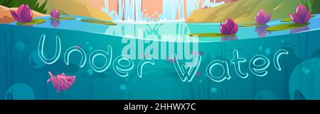 Under water background, cartoon banner with pond, air bubbles, fish and nenuphar flowers floating at sunlight beams cross section view, underwater scene for game or book, Vector illustration Stock Vector