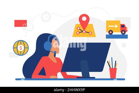 Delivery service, shipping commerce concept vector illustration. Cartoon woman operator character with headset headphones working in hotline customer Stock Vector