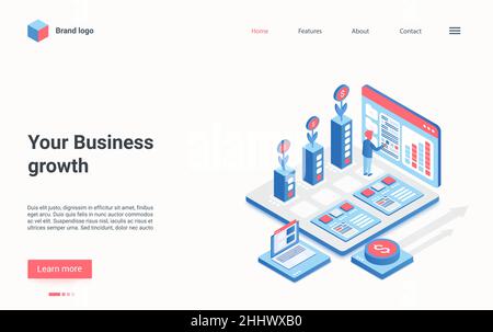 Business growth isometric vector illustration. Cartoon businessman character standing with workstation, using graphical interface to success solve bus Stock Vector