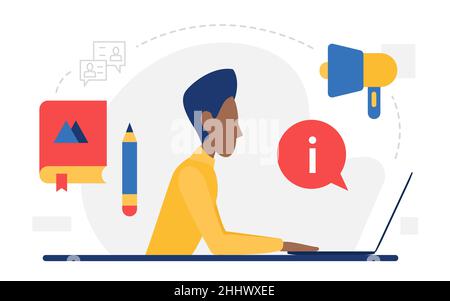Digital marketing web concept vector illustration. Cartoon man character sitting with laptop and website contacts, online blog content, megaphone mass Stock Vector