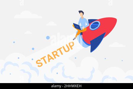Rocket business startup project concept vector illustration. Cartoon businessman character flying on spaceship rocket, working with laptop on new idea Stock Vector