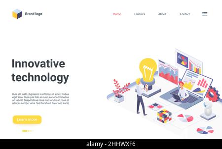 Innovative business teamwork technology isometric vector illustration. Cartoon 3d businessman team of characters brainstorm, research new idea innovat Stock Vector