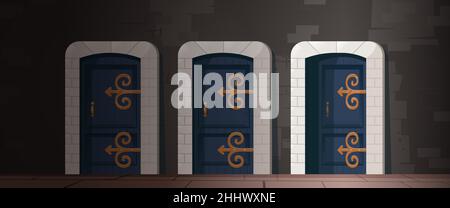 Medieval wooden doors in stone arch in in old house, castle or church. Vector cartoon illustration of ancient interior with brick wall and wood gates with golden handle and hinges Stock Vector