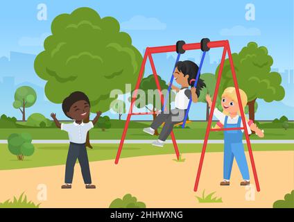 Children play, fun outdoor activity on playground in summer city park vector illustration. Cartoon happy boy and girl child characters playing swingin Stock Vector