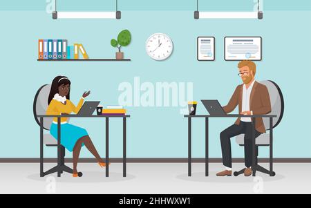 Business people work vector illustration. Cartoon busy office workers employees, man and woman characters sitting at desks workplaces with laptops, wo Stock Vector