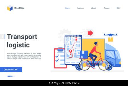 Transport logistic service vector illustration. Cartoon online cargo tracking delivery transportation app on big smartphone screen, truck, drone and c Stock Vector