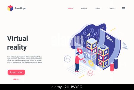 Virtual augmented reality isometric vector illustration. Cartoon 3d developer man character with tech glasses touching futuristic vr interface for edu Stock Vector