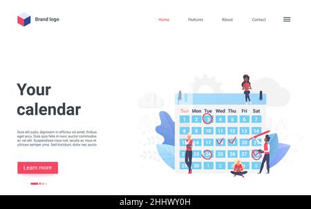 Business planner calendar vector illustration. Cartoon agenda system to organize and plan deadline meetings, planning events appointments with tiny pe Stock Vector