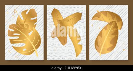 Tropical golden leaves vector illustration set. Exotic luxury abstract gold palm tree leaf, minimal foliage of tropics, vertical floral modern templat Stock Vector